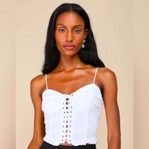 NWT, Lulus Adorably Enticing White Lace Bustier Cropped Tank Top, Size Large